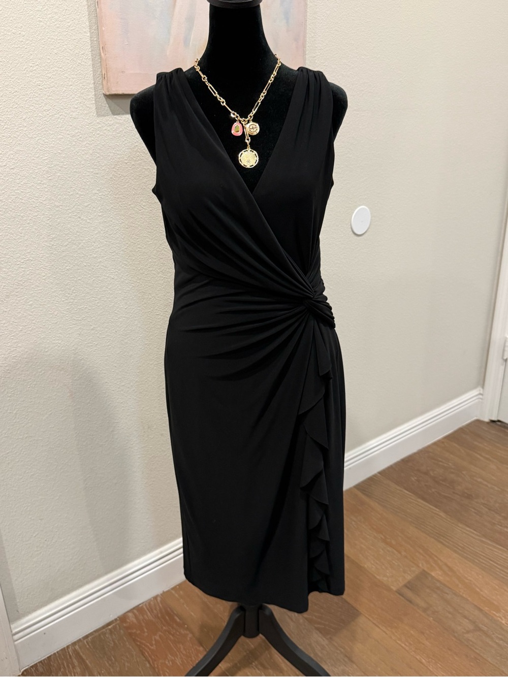 Ralph Lauren Black Sleeveless Draped Wrap Midi Dress